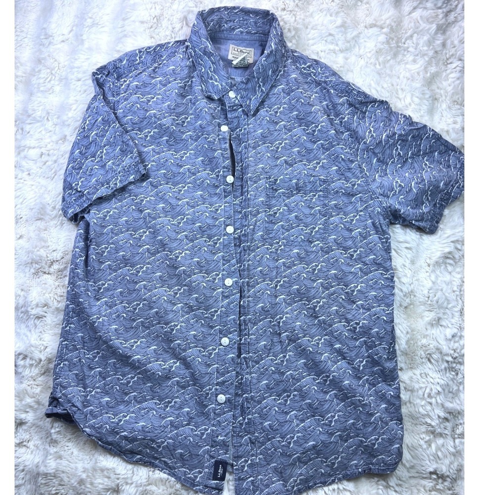 LL Bean Mens Blue Ocean Wave Print Organic Sz M Cotton Shirt Slightly Fitted A37